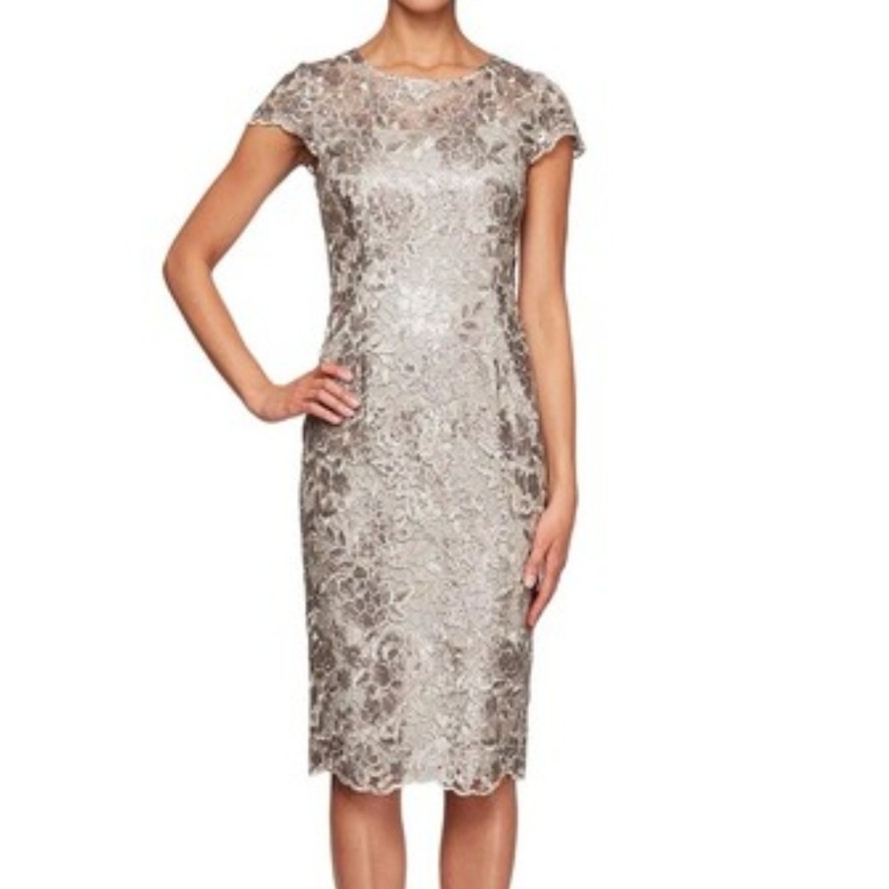 Alex Evening Taupe Sequin Floral Lace Cap Sleeve Sheath Dress 14 Formal Cocktail